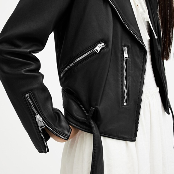 All Saints Black Balfern Belted Hem Leather Biker Jacket Size 2 - Picture 3 of 13